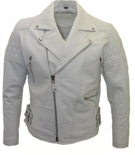 Mens Cowhide Leather Biker Jacket-Nassau - White