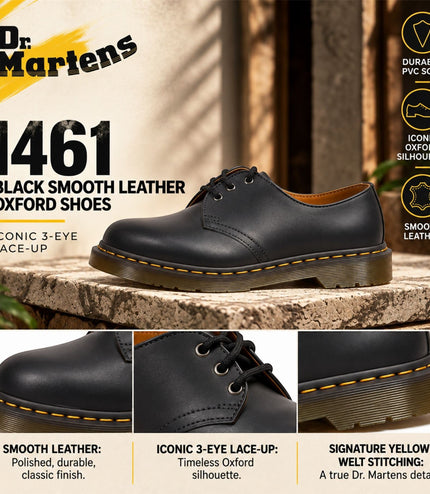 Dr Martens 1461 Black Nappa Leather 3-Eye Oxford Shoes - 11838001