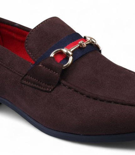 Men's Brown Suede Loafers with Gold Buckle Slip-On Dress Shoes