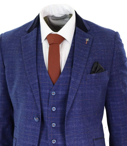 Mens 3 Piece Blue Tweed Check Vintage Classic Suit