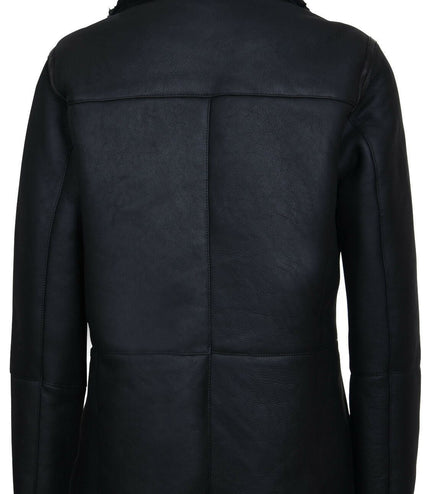Mens Double Breasted Shearling Sheepskin Pea Coat-Valencia - Black