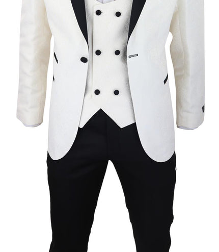 Mens Beige Tuxedo Blazer Waistcoat Brocade Ivory Satin Paisley Dinner Jacket