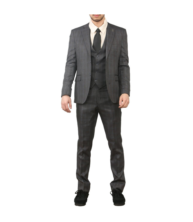 Men's 3 Piece Prince Of Wales Charcoal Suit Workwear