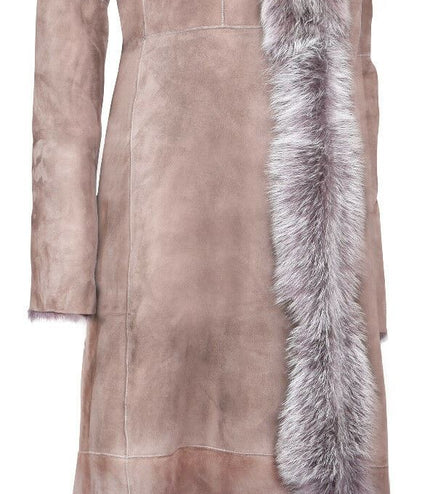 Womens Suede Toscana Sheepskin Hooded Trench Coat-Rushden - Taupe