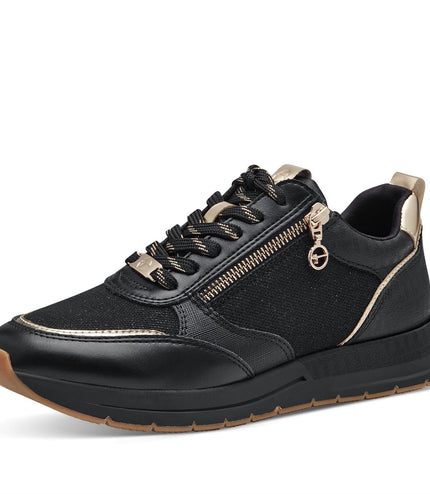 Tamaris Womens Black Gold Fashion Lace-Up Zipped Sneakers Trainers