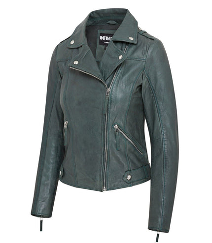 Womens Green Biker Leather Jacket - Denver