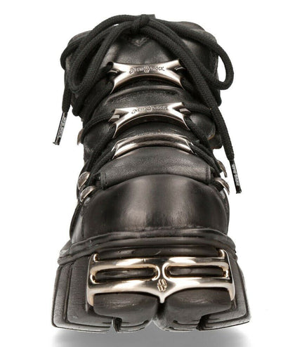 Front view of New Rock 106-S1 gothic boots with metal toe accent