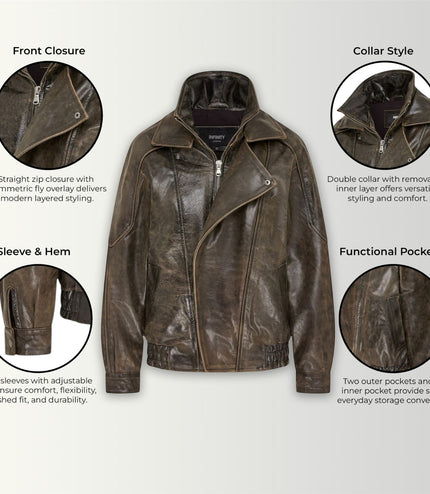Mens Brown Cow Leather Biker Blouson Jacket - Bomber