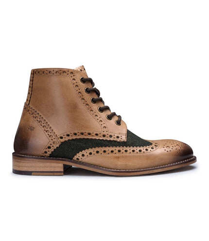 Mens Classic Oxford Tan Leather Gatsby Brogue Ankle Boots With Green Tweed