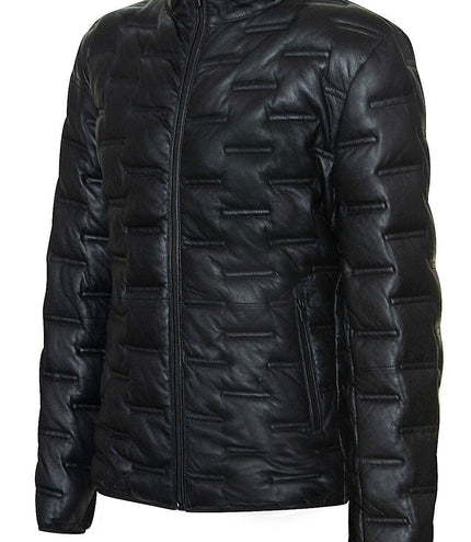 Men's Puffer Quilted Bomber Leather Jacket - Recife - Black