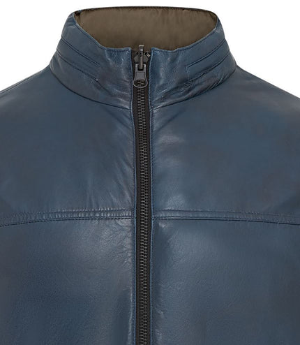 Mens Reversible Hooded Leather Jacket Premium Lambskin Napa - Blue/Khaki