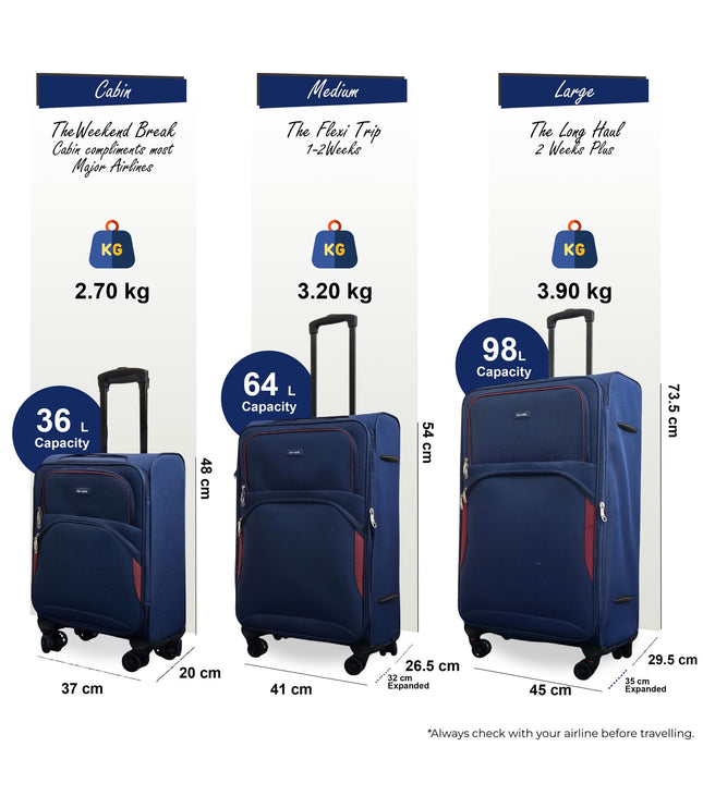 Gosford Set of 3 Soft Shell Suitcase in Navy Blue