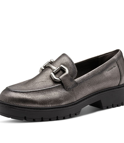 Tamaris Womens Pewter Silver Leather Loafers Slip-On Platform Shoes