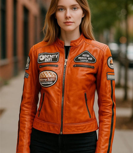 Womens Biker Racing Badges Leather Jacket-Eastleigh - Orange