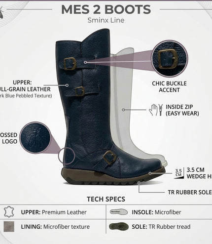 Fly London Womens Navy Blue Leather Mid-Calf Long Boots - MES2913