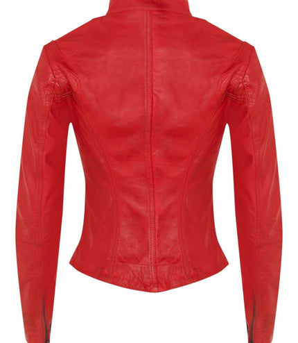 Womens Slim-Fit Leather Biker Jacket-Maldon - Red