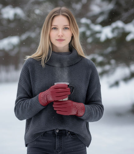 Womens Red Italian Leather Winter Studded Design Soft Wool Lining Gloves - L-GLV-601