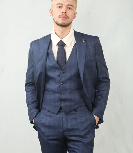 Men's 3 Piece Prince Of Wales Blue Suit Workwear