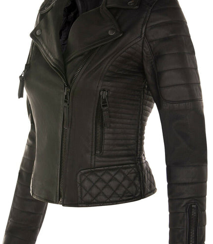 Womens Leather Quilted Vintage Brando Biker Jacket-Lusaka - Black
