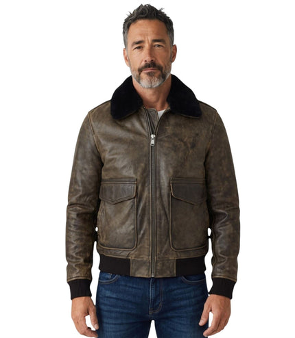 Mens Brown Leather Aviator Bomber Jacket - Lunar