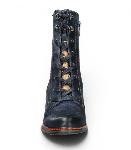 Laura Vita Women's Goth Victorian Floral Blue Leather Lace-Up Heeled Boots - Eleao-42