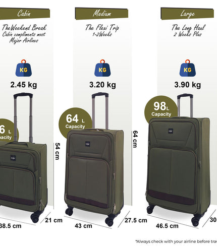 Andover Set of 3 Soft Shell Suitcase in Khaki