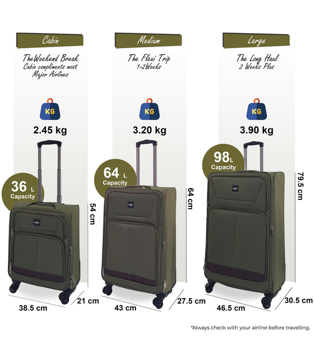 Andover Set of 3 Soft Shell Suitcase in Khaki