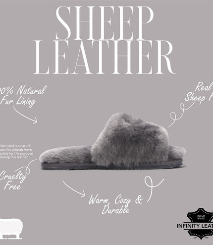 Women's Sheepskin Slippers Grey Warm Winter Fur Sliders - Nordic