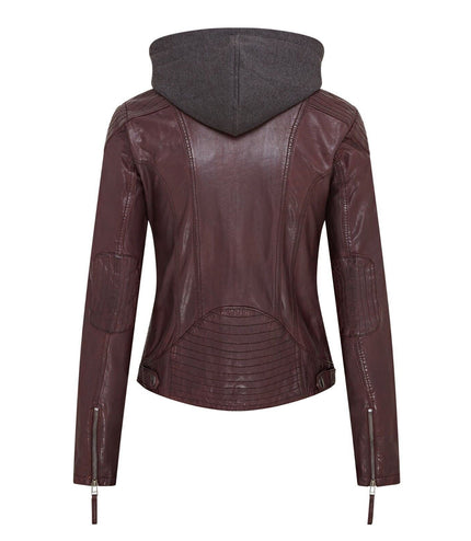 Womens Hooded Classic Biker Jacket - Brazzaville - Burgundy