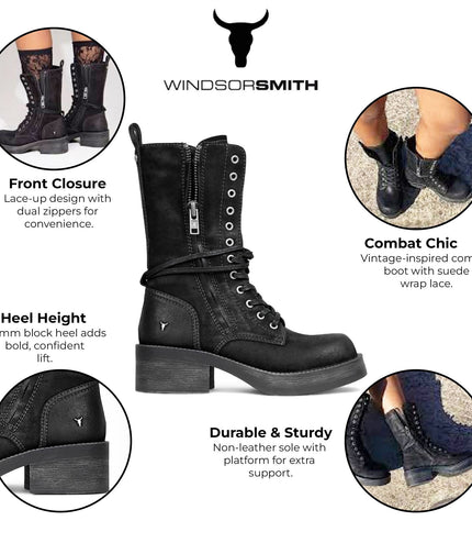 Windsorsmith Womens Black Suede Combat Boots Mid-Calf Lace-Up Biker Shoes - Gather