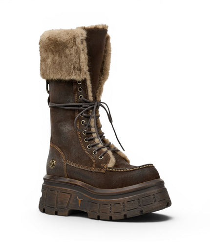 Windsorsmith Women's Brown Suede Leather Platform Combat Fur Boots - Saintly