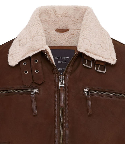 Mens Real Sheep Suede Bomber Jacket Aviator Jacket with Fur Lining - Brown
