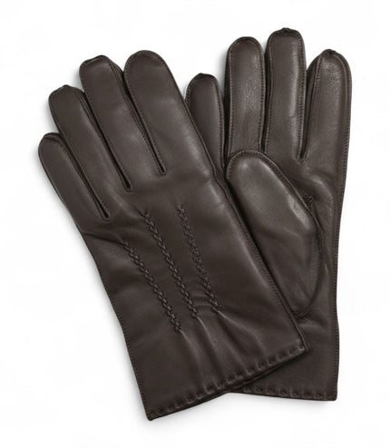 Men's Brown Italian Leather Warm Wool Lining Winter Stich Design Gloves - M-LGV-205
