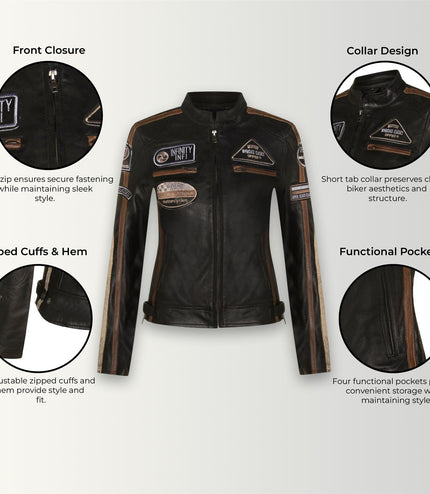 Womens Biker Racing Badges Leather Jacket-Eastleigh - Vintage Tan