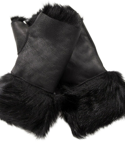 Womens Shearling  Mittens Fingerless Cuffs Toscana Suede Sheepskin Fur - Nappa Black