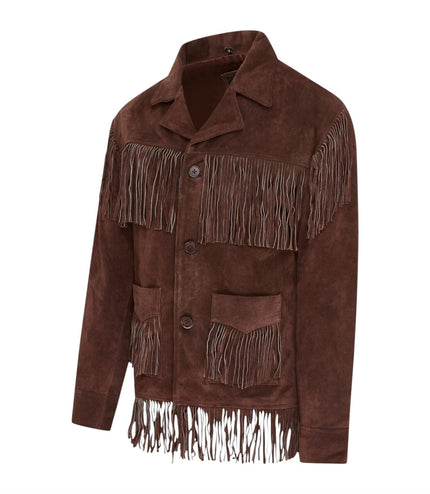 Men's Retro Brown Cowboy Suede Leather Fringe Jacket - Western