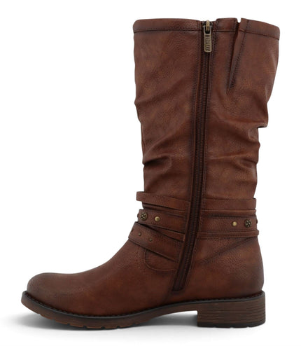 Womens Cognac Brown Faux Leather Mid-Calf Slouch Riding Boots - M0052003