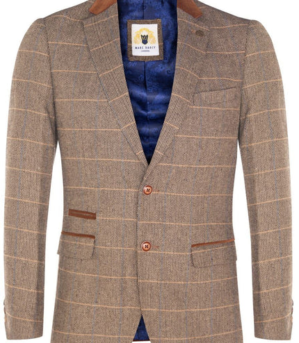Marc Darcy Mens Tweed Blazer DX7 Tan Brown Check Herringbone Smart Formal Jacket