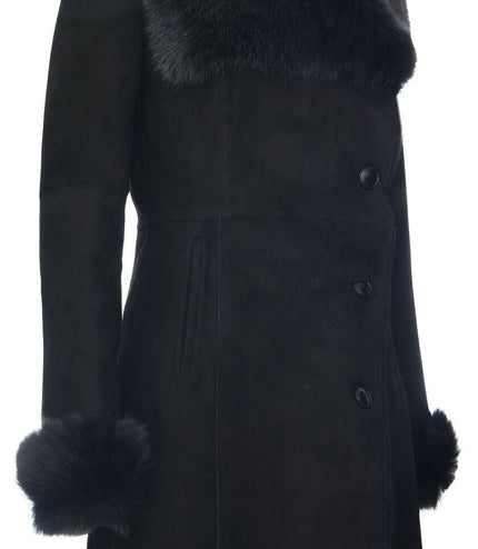 Womens Suede Merino Shearling Coat with Toscana Collar-Hanoi - Black