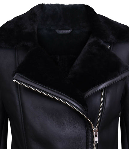 Womens Black Shearling Sheepskin Aviator Jacket-Kiev