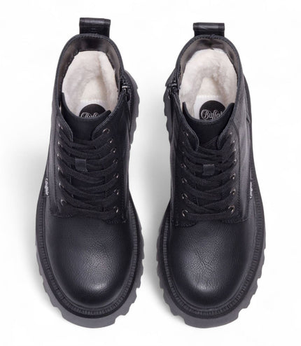 Buffalo Womens Black Chunky Platform Warm High Ankle Combat Boots - ASPEN-LACE-UP