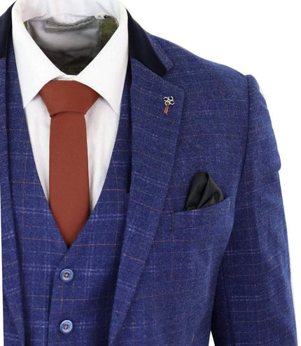 Mens 3 Piece Blue Tweed Check Vintage Classic Suit