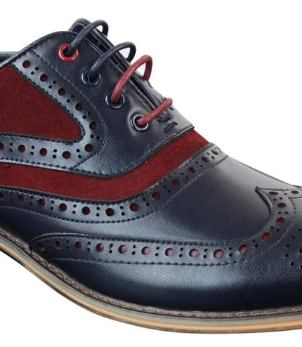 Mens Classic Burgundy Suede Oxford Brogue Shoes In Navy Leather