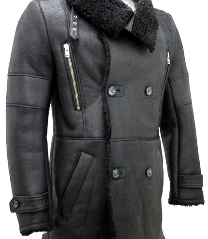 Mens Double Breasted Sheepskin Reefer Coat-Candon