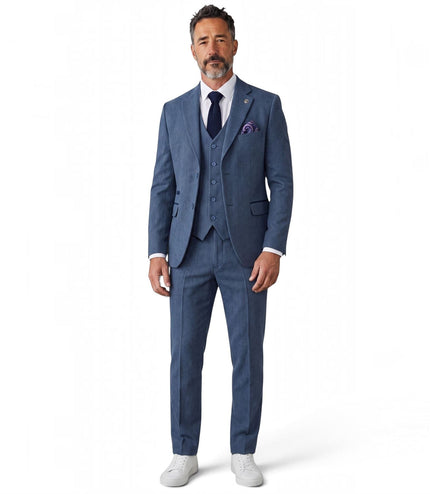 Men's Blue 3 Piece Tweed Herringbone Formal Suit -  IM4