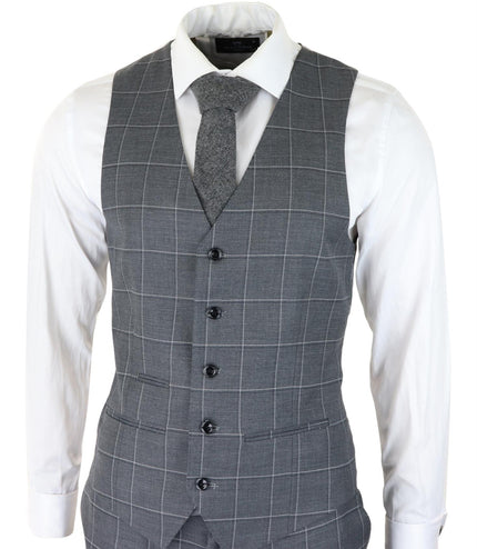 Mens Grey Suit 3 Piece Check Vintage Retro Smart Wedding Classic Tailored Fit