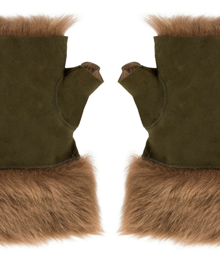 Womens Shearling  Mittens Fingerless Cuffs Toscana Suede Sheepskin Fur - Olive