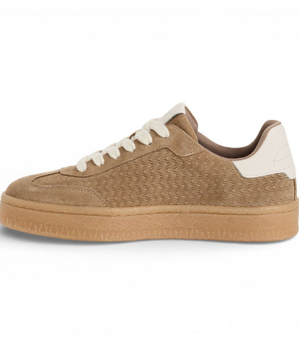 Tamaris Women's Taupe Leather White Stripes Trainers Sneaker Shoes