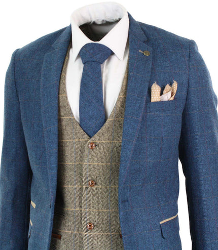 Mens 3 Piece Blue Tweed Vintage Suit
