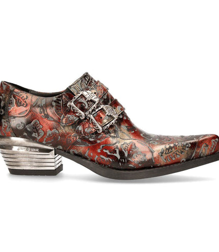 New Rock Embossed Black/Red Leather Buckled Shoes -7960-S5
